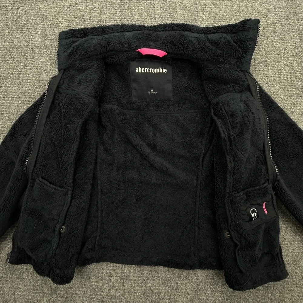 Abercrombie Fleece Jacket Kids M Black Sherpa‎ Full Zip Pink Logo Mock Neck